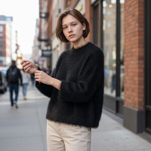 Vince Camuto black crewneck sweater with Textured fuzzy finish (eyelash texture)